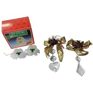 🔔 Vintage Spun Glass Bell Gold Bow Crystal Christmas Ornament Lot Boxed Decor